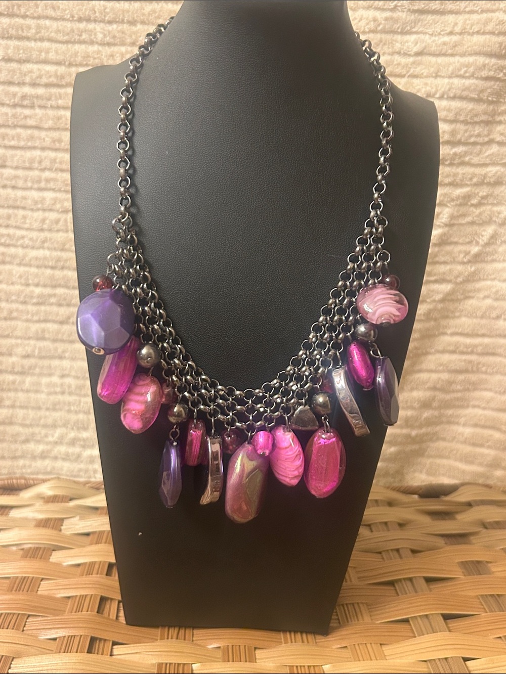 Statement Pink and Purple Bead Drop Necklace - Women Jewelry